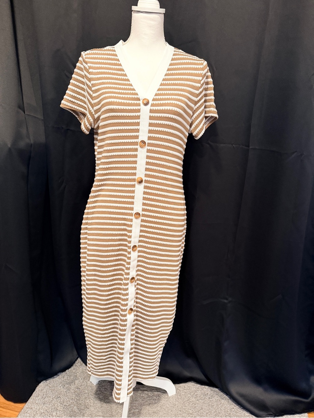 Button-Front Striped Midi Dress in Brown and White